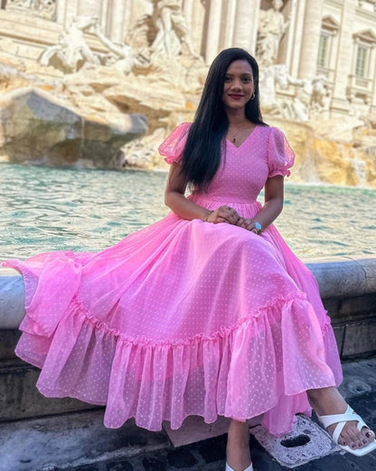 Summer Special Pink brasso Georgette Frock with Compete cotton Lining.