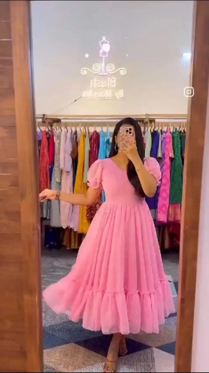 Summer Special Pink brasso Georgette Frock with Compete cotton Lining.