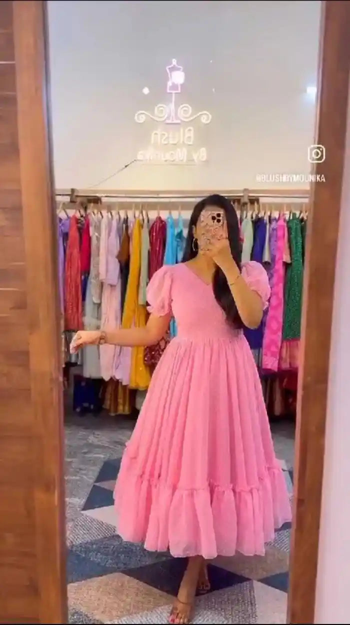 Summer Special Pink brasso Georgette Frock with Compete cotton Lining.