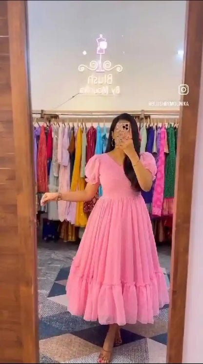 Summer Special Pink brasso Georgette Frock with Compete cotton Lining.