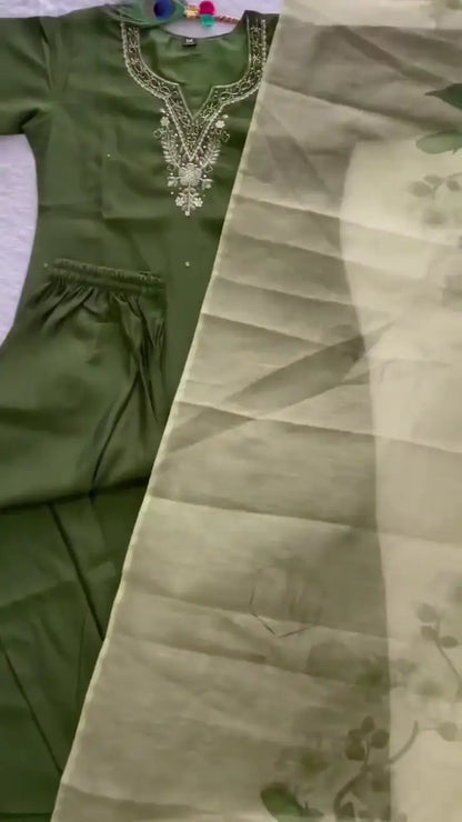 Graceful Olive Green Embroidered Kurta Set