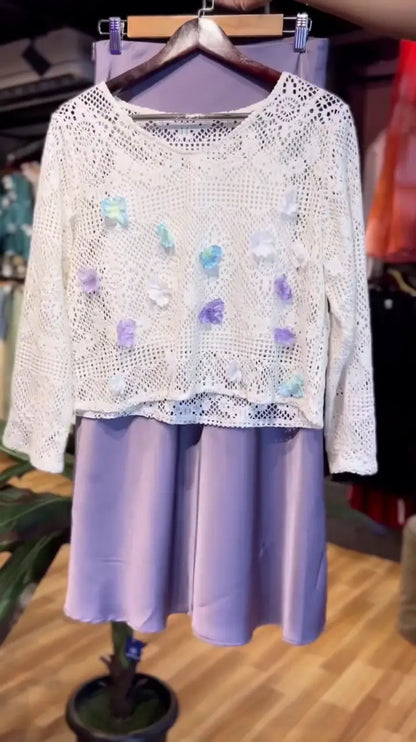 Lavender Satin A-Line Skirt Paired with a Delicate White Crochet