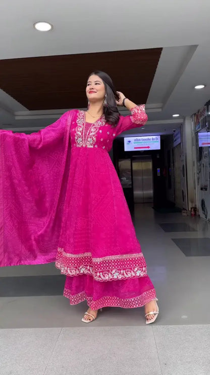 Fuchsia Pink Embroidered Anarkali Style Kurta with Palazzo Pants